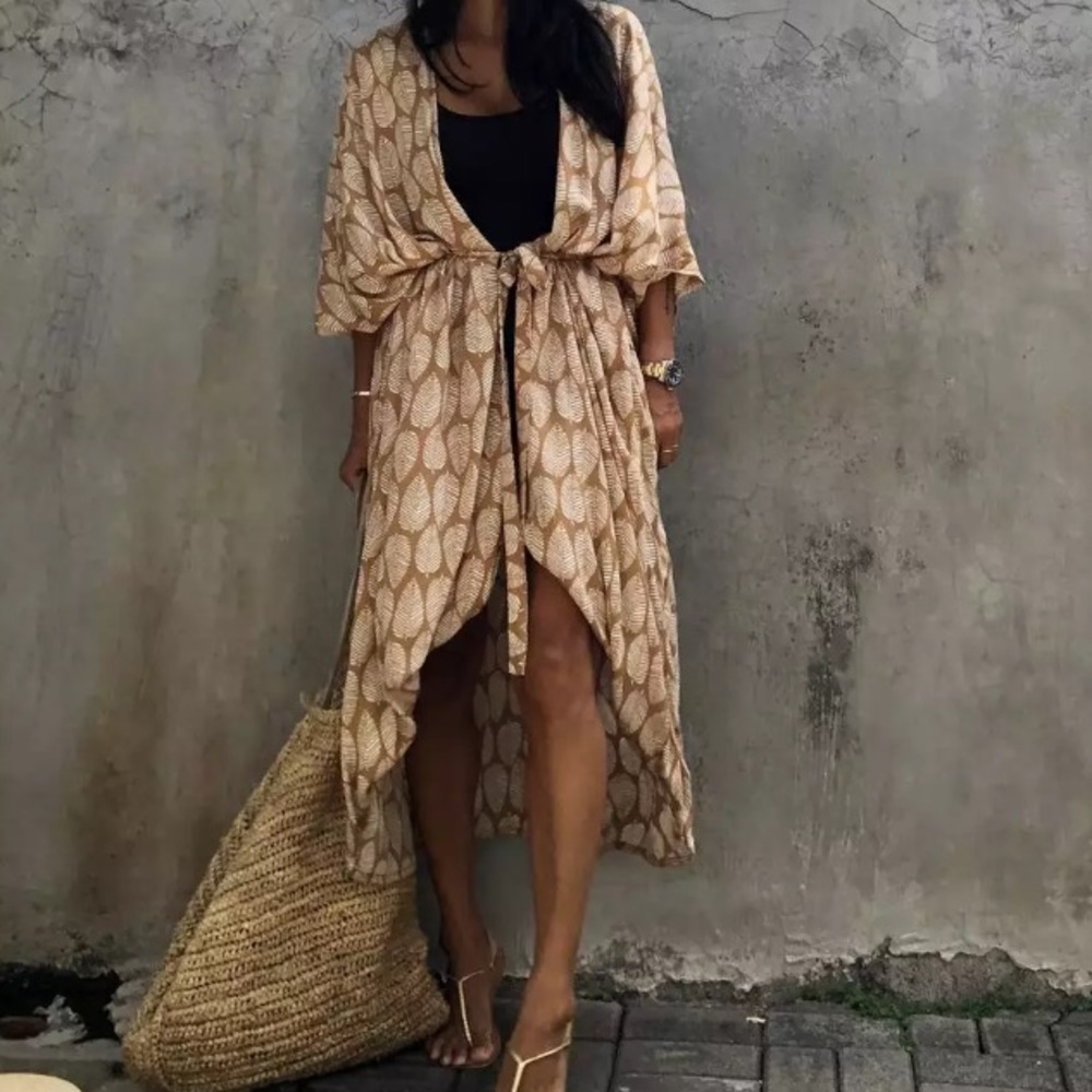 SOLD OUT Bohemian Leaf Pattern Kimono Swim Coverup Wrap Duster Robe - Picture 9 of 9